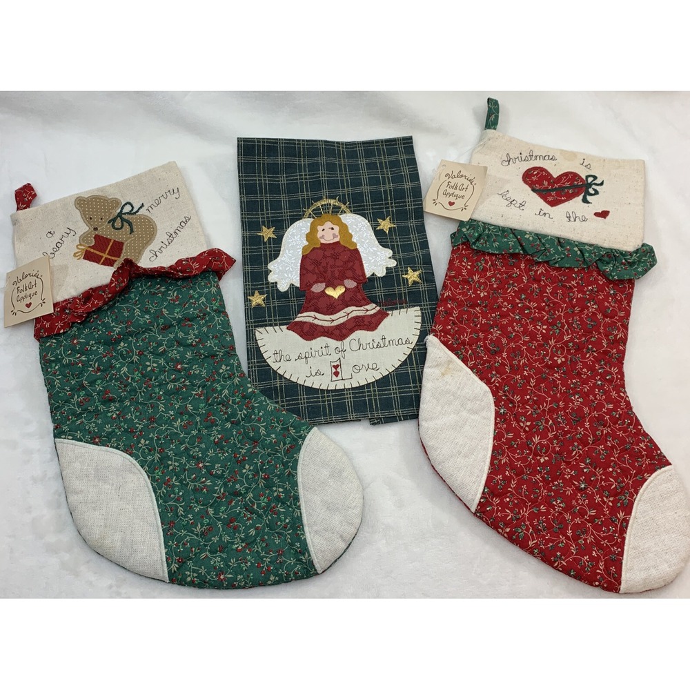 Vtg Valorie's Folk Art Appliqué Red Green Christmas Stockings & Angel Hand Towel
